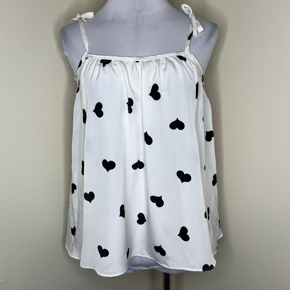 Urban Outfitters Babydoll Tank Top XS White Black Heart Print Tie Straps Cami UO